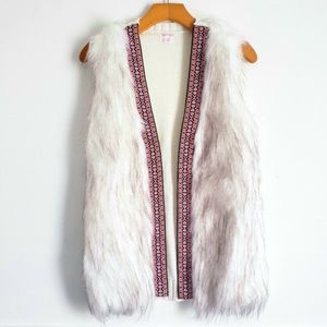 Aztec Ribbon Trim Faux Fur Vest Womens Festival Size Medium